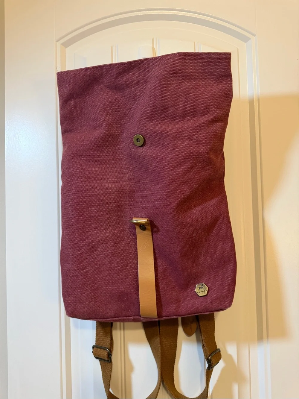 Roll-Top Burban Canvas Backpack in Burgundy with Tan Trim